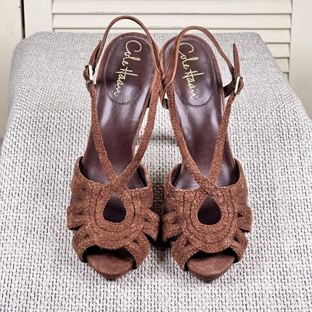 Luxe Cole Haan Brown Suede Boho Strappy Heels Braided Sandals Y2K Size 6 B - Picture 2 of 8